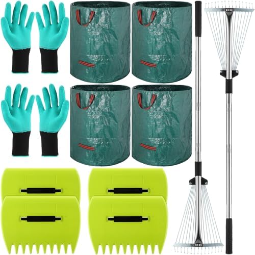 14-teiliges Gartenlaubrechen-Set, 2-teiliges verstellbares Metalllaubrechen, 4-teiliges Laubsammelset mit Handrechen, 4-teiliges 72-Gallonen-Gartenbag, 4-teiliges Handschuh-Set für Laubsammler für Blätter, Gras, Rasenschnitt und Abfall.  |   Rechen Rechen Rechen