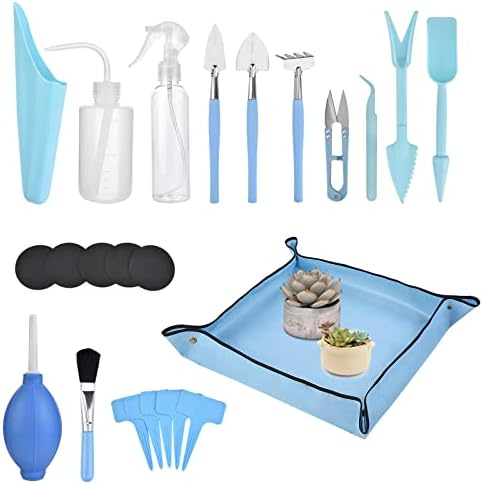 23 Stück Sukkulententools, Mini-Gartengeräte 1 Set, Miniatur-Sukkulenten-Handwerkzeuge mit Pflanzen-Umtopfmatte, Umtopfwerkzeug-Set für die Pflege von Mini-Fairy-Gärten drinnen und draußen (Blau)  |   Gartengerätesets Gartengerätesets Gartengerätesets