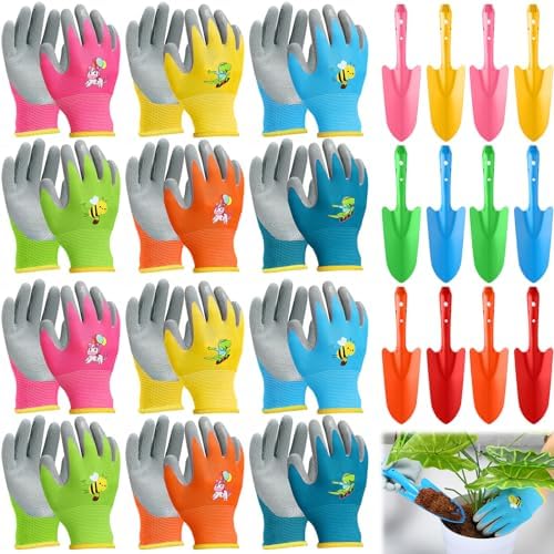 24 Stück Mini Bunte Metallhandschaufel und Handschuhset – Schaufel, Spaten, Handschuhe, Grabgerät Set für Kinder – Gartenhandschuhe, 12 Stück, 11 x 3 Zoll  |   Gartenkellen Gartenkellen Gartenkellen