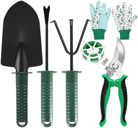 6-teiliges Gartenwerkzeug-Set, Edelstahl-Gartenwerkzeuge, Gartenarbeitsset mit Handkelle, Umpflanzkultivator, Gartenschneider, Gartenhandschuhen und 3 m Gartenbindedraht.  |   Gartengerätesets Gartengerätesets Gartengerätesets