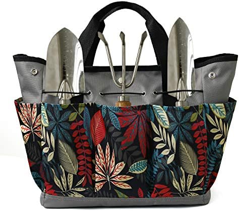 Canvas-Gartenwerkzeugtasche, strapazierfähige Gartenpouch, Aufbewahrungstasche für Handwerkzeuge im Gemüse- und Kräutergarten, mit 8 Taschen und Ledergriff, florales Garten-Geschenk, Werkzeuge nicht enthalten (Grau)  |   Gartengerätesets Gartengerätesets Gartengerätesets