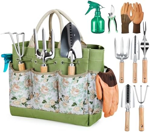 Gartenwerkzeuge 9-teiliges Set aus robusten Handwerkzeugen mit modischer und langlebiger Gartenwerkzeug-Organizer-Handtasche, rostfreies Gartenwerkzeug-Set, ideale Garten-Geschenke für  |   Gartengerätesets Gartengerätesets Gartengerätesets