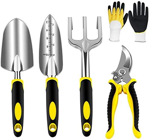 Gartenwerkzeugset 5-teiliges Aluminium-Gartenwerkzeug-Kit mit Handschuhen, Baumschneider, Rechen, Schaufel und Kelle – Robustes Indoor- und Outdoor-Pflanzset – Garten Geschenke für Männer und Frauen, Gelb  |   Gartengerätesets Gartengerätesets Gartengerätesets