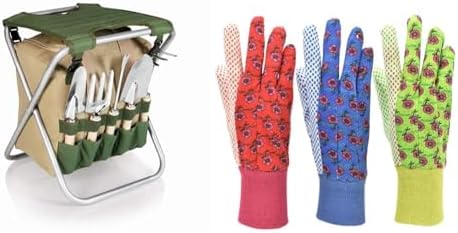 Gärtner Klapphocker, Tragetasche & 5-teiliges Gartenwerkzeugset mit 3er-Pack Blumenmuster-Jerseyhandschuhen  |   Gartengerätesets Gartengerätesets Gartengerätesets