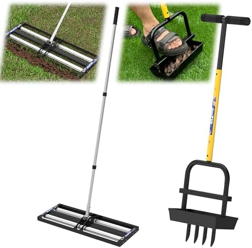 Rasenebene-Rake mit Aluminium-Rollen, Edelstahl 17″X1″ Levelawn-Werkzeug, Rasenbelüfter-Kernwerkzeug, Belüfter-Rasenwerkzeug mit Boden-Kern-Sammelbehälter und 4 Hohlräumen.  |   Rechen Rechen Rechen