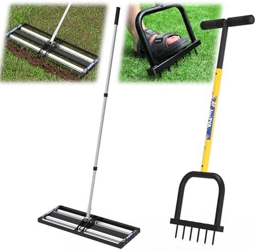 Rasenebene-Rake mit Aluminium-Rollen, Edelstahl 17″X1″ Levelawn-Werkzeug, Rasenlüfter, Rasenlüfter-Werkzeug mit 6 scharfen Zinken, manueller Kernlüfter-Gartenwerkzeug für die Rasenpflege  |   Rechen Rechen Rechen