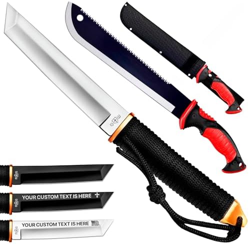 Tanto Campingmesser mit Scheide – 3+ Farben – 15 cm feststehende Full-Tang Klinge mit Spiegelpolitur – 28 cm gezahnte Machete mit Nylonscheide – Sägeblatt-Macheten mit rutschfestem Gummigriff  |   Gartenmacheten Gartenmacheten Gartenmacheten