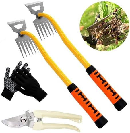 Unkrautentferner Werkzeug – 2 Stück Garten-Hand-Unkrautstecher, 224 Neue Uprooting-Unkrautwerkzeuge mit Manganstahl, 6-Zahn-Dual-Use-Manueller Unkrautzieher, einschließlich Handschuhe und Gartenschneider (Orange)  |   Handjäter Handjäter Handjäter